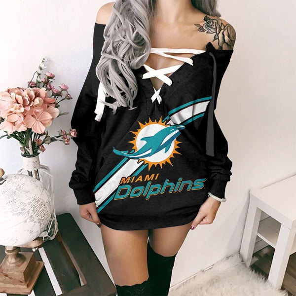 2-NFL Lace-up V-neck Off-shoulder Dress [Presale]