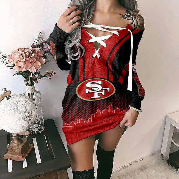 1-NFL Lace-up V-neck Off-shoulder Dress[Presale]