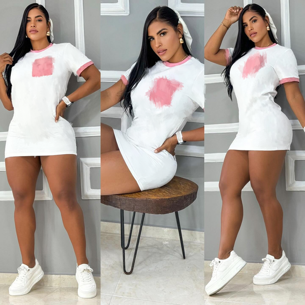 White Embossed Short-sleeved Dress