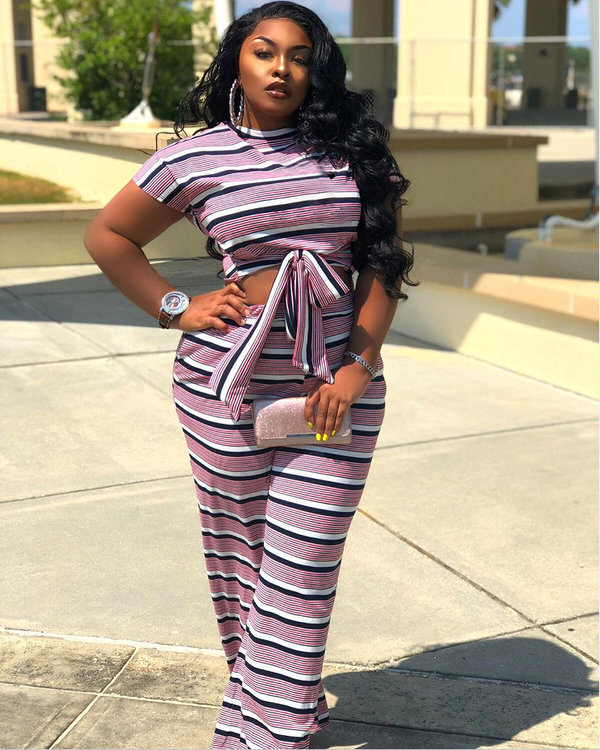 Stripe Print Two Piece Set(Plus size)