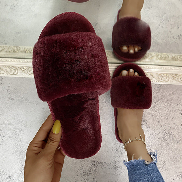 Ladies Open Toe Plush Slippers