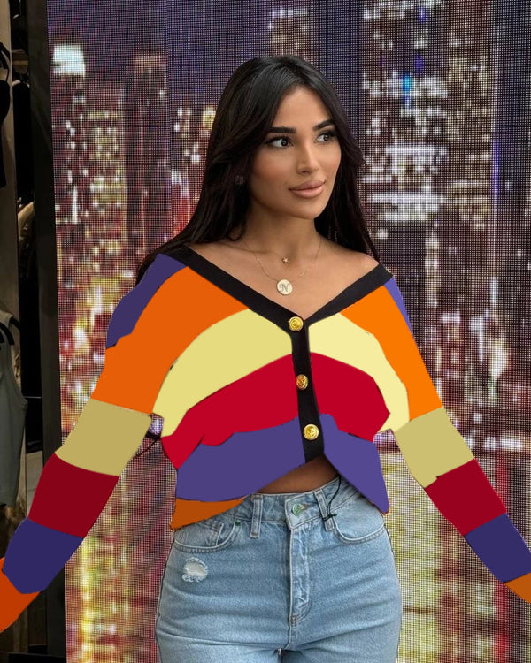 Contrast Color Loose V-neck Knitted Cardigan