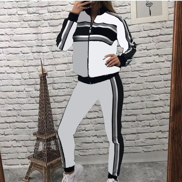 Printed Ribbed Zipper Two-piece Set