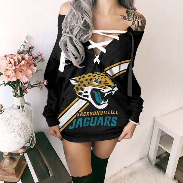 3-NFL Lace-up V-neck Off-shoulder Dress [Presale]