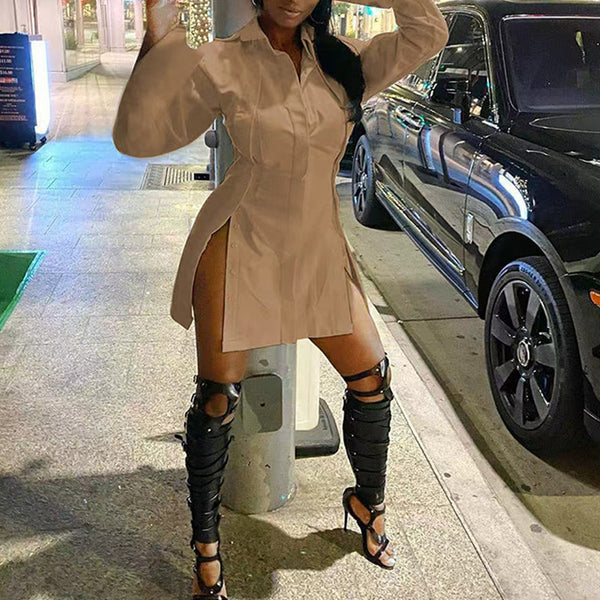 Slit shirt and high-waisted dress