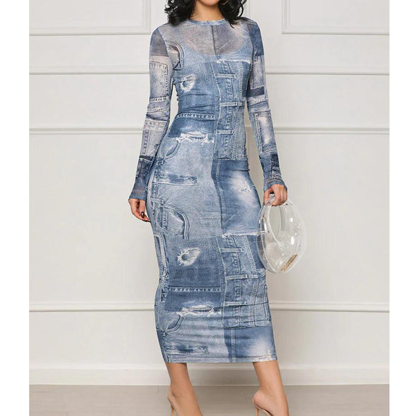 Denim Print Long Dress