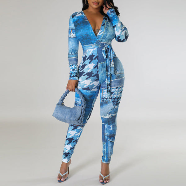 Print Tight Deep V Jumpsuit