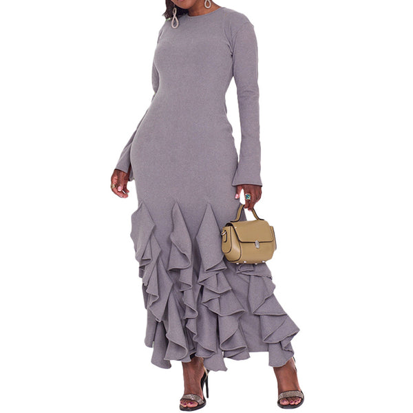 Ruffled Long-sleeved Dress With Hip Wrap