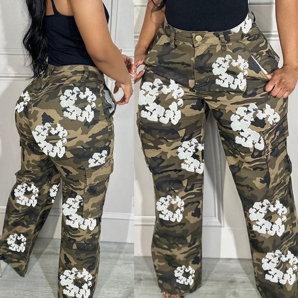 Casual Camouflage Printed Straight Barrel Pants