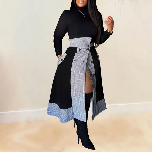 Long Sleeve Small High Neck Plaid Slit Skirt Suit