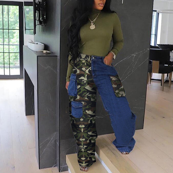 Denim Patchwork Camouflage Overalls