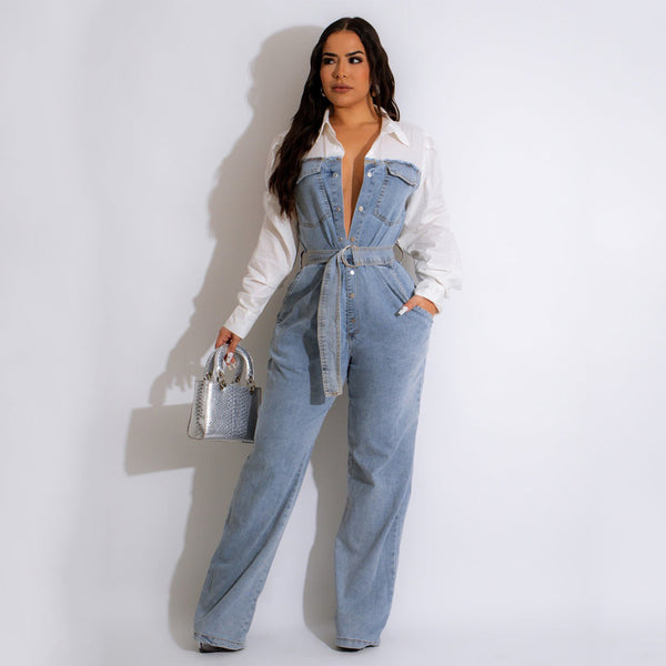 Denim Patchwork Romper with Belt