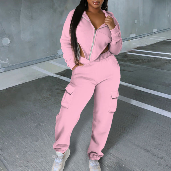 Irregular Solid Color Zip-up Sweatsuit