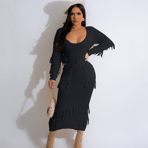 Knitted Hand-crochet Dress with Fringe