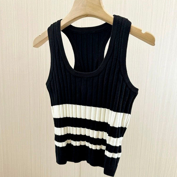 C-Striped Embroidered U-neck Halter Top