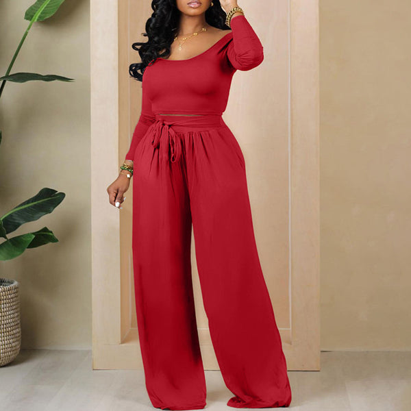 Solid Color Knit Lace-up Wide-leg Suit