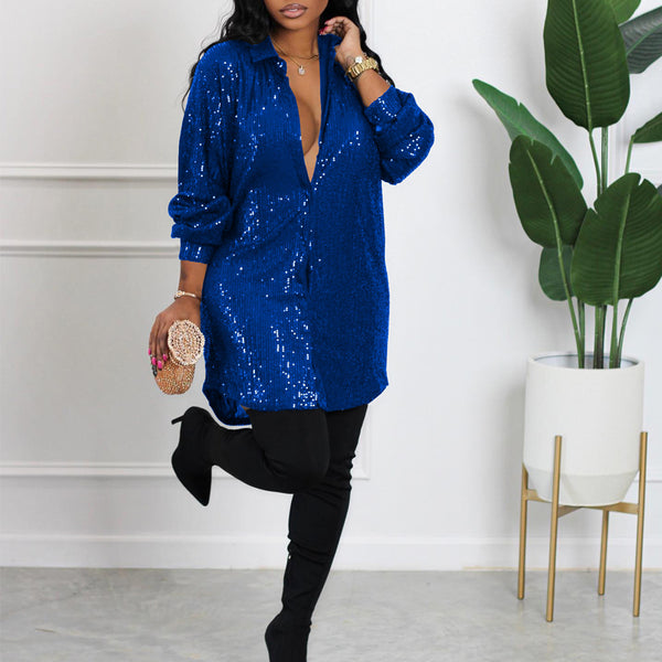 Solid Color Sequined Loose Shirt Dress