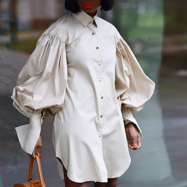 Solid Color Shirt Dress with Puffed Sleeves