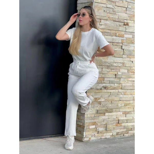 Embossed Short Sleeve Pants Suit