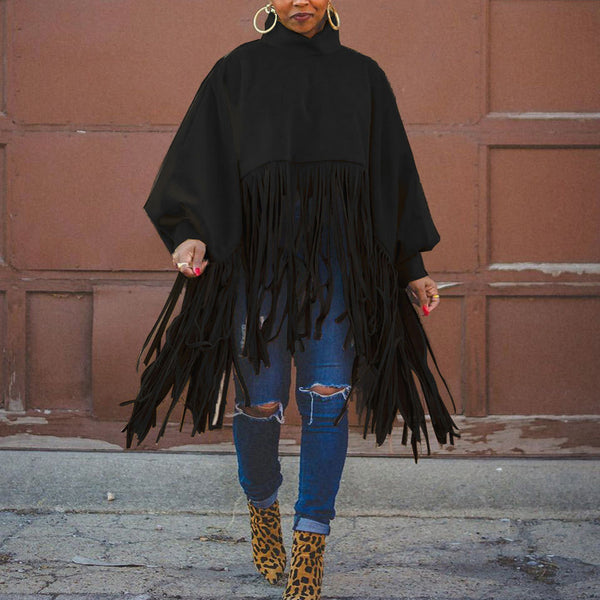 Stylish Solid Color Long-sleeved Fringe Top