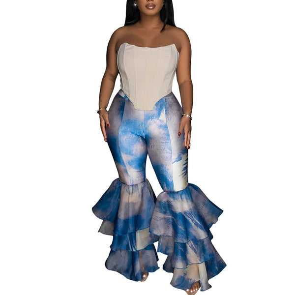 Tie-Dye Printed Flared Pants with Ruffles