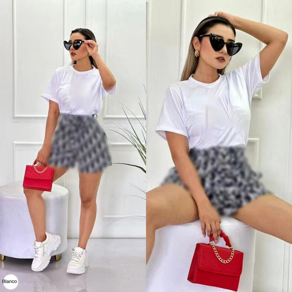 Printed Short Sleeve Shorts Set(with waistband)