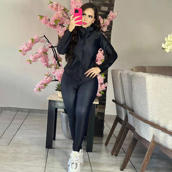 Colorblock Printed Zipper Two-Piece Set