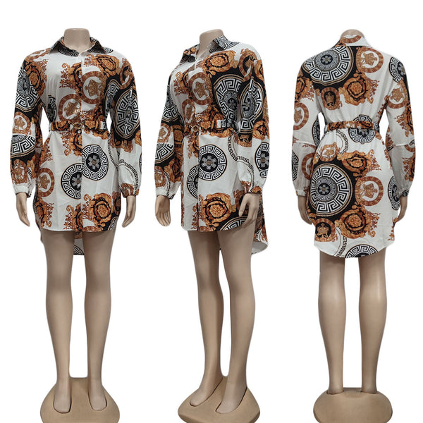 New Summer Printed Shirt Dress With Belt