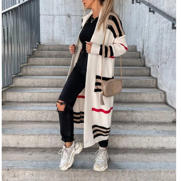 Long striped knit cardigan