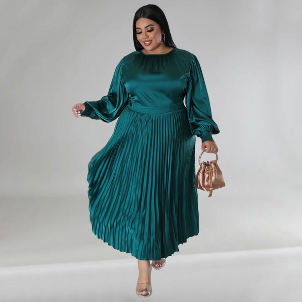 Pleated round neck long dress