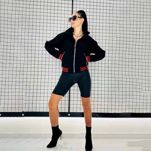 Embroidered Zipper Pocket Ribbed Jacket