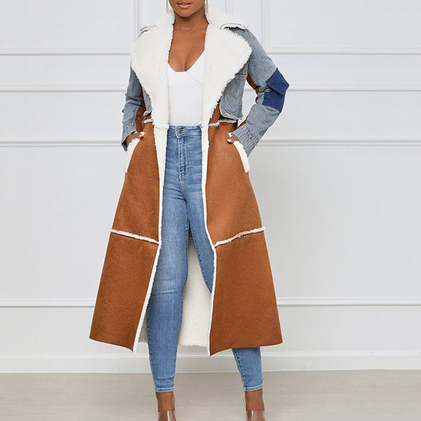 Waist Spliced Denim Long Lamb Coat