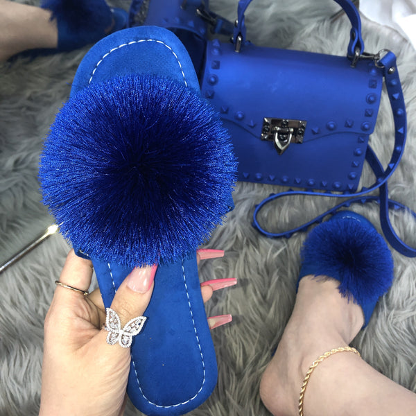 Fur ball slippers and bag set